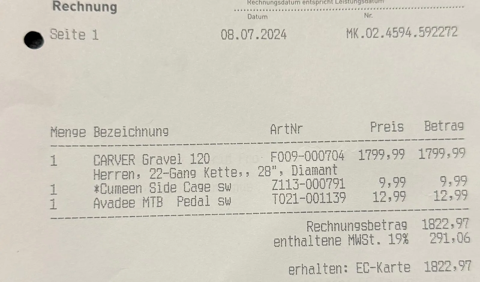 Verkauft wird ein sehr wenig genutztes Gravelbike der Firma Carver mit der Rahmengrösse XXL.
Das Kaufdatum war der 08.07.2024 und wurde etwa 100-150 km bewegt und befindet sich daher in einem absolut neuwertigen Zustand!
Abzuholen ist das Fahrrad in Koblenz und kann vor Ort auch besichtigt werden.
Spezifikationen:
22 Gang Kettenschaltung SHIMANO GRX
Hydraulische Scheibenbremse
Gewicht lt. Herstellerangabe 10,2kg
Zul. Gesamtgewicht 120kg
https://www.carver.de/products/gravel-120-p000000004?srsltid=AfmBOor1m6WOqsGyEGB3XQvcISTdKssBt6IeG7C36gt_2TrR27AL4wmA